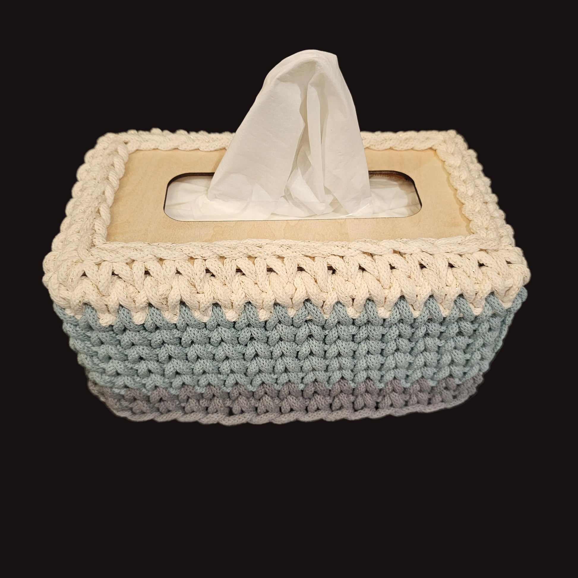 A handmade crocheted tissue box cover in cream and light blue Perfect for the large rectangular tissue boxes. 9x6x5 inches overall