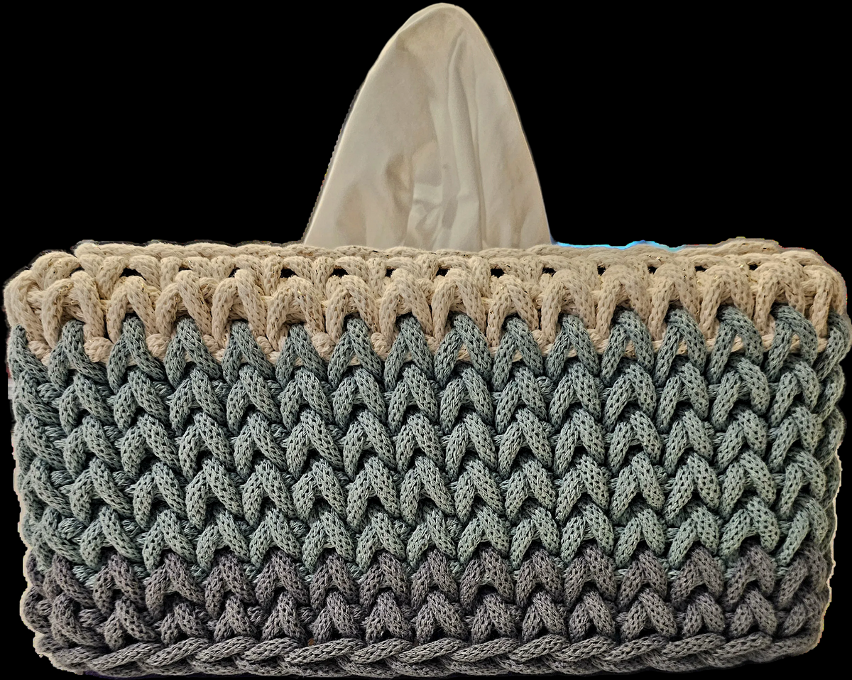 A handmade crocheted tissue box cover in cream and light blue Perfect for the large rectangular tissue boxes. 9x6x5 inches overall