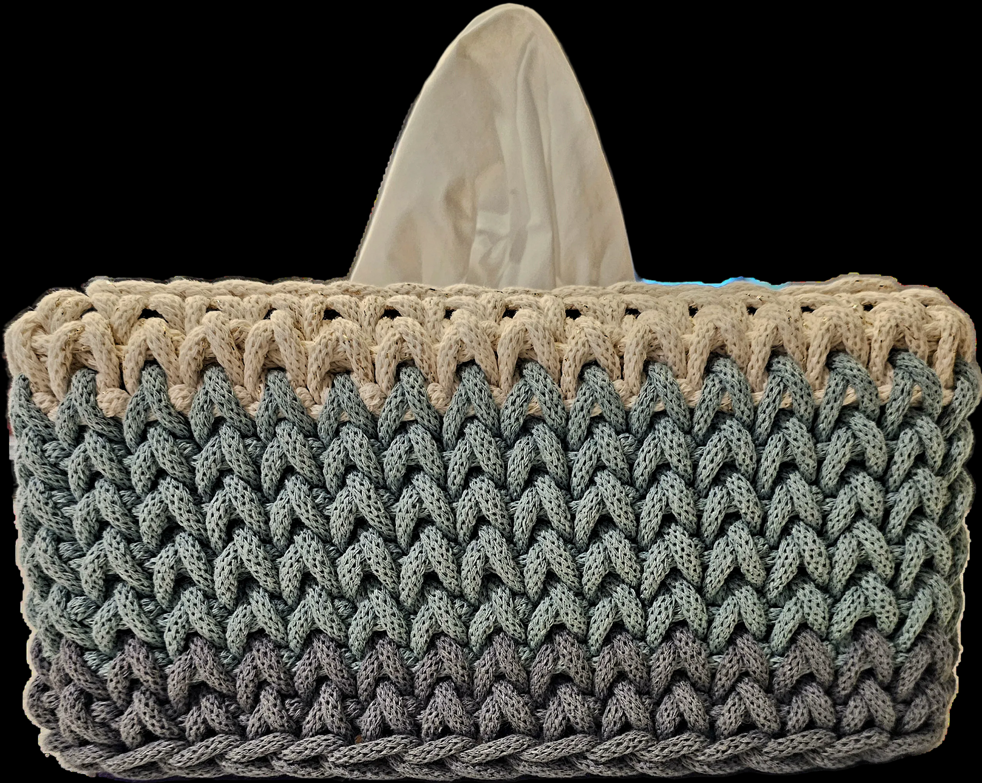 A handmade crocheted tissue box cover in cream and light blue Perfect for the large rectangular tissue boxes. 9x6x5 inches overall