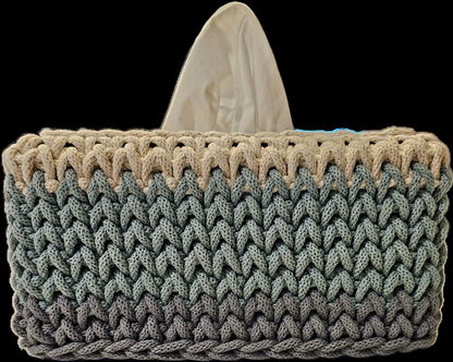 A handmade crocheted tissue box cover in cream and light blue Perfect for the large rectangular tissue boxes. 9x6x5 inches overall
