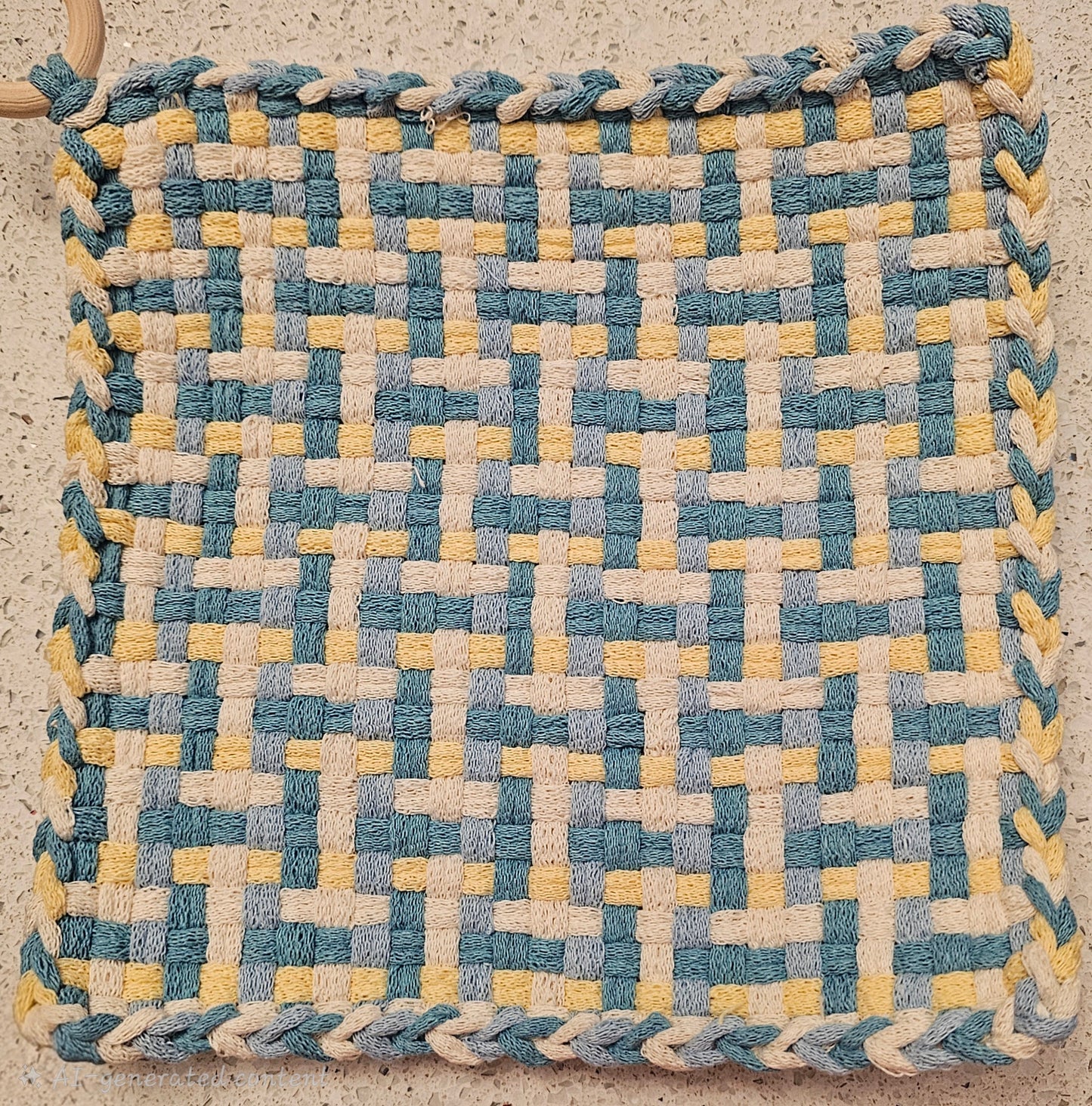 Potholder with blue, yellow, and white pattern 