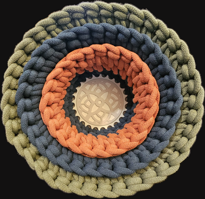 Three chunky crocheted storage baskets in concentric rings of olive green, slate blue, terracotta, and gray with a natural beige center Small 7x7x4; Medium 9x9x5; Large 12x12x6 overall (shown here nested together)