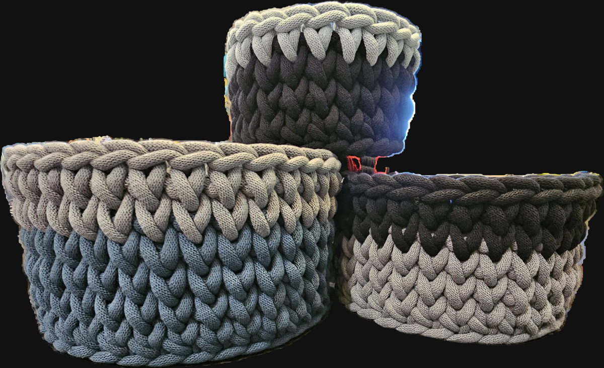 Three chunky crocheted cord storage baskets in shades of blue and gray.  Small 7x7x4; Medium 9x9x5; Large 12x12x6