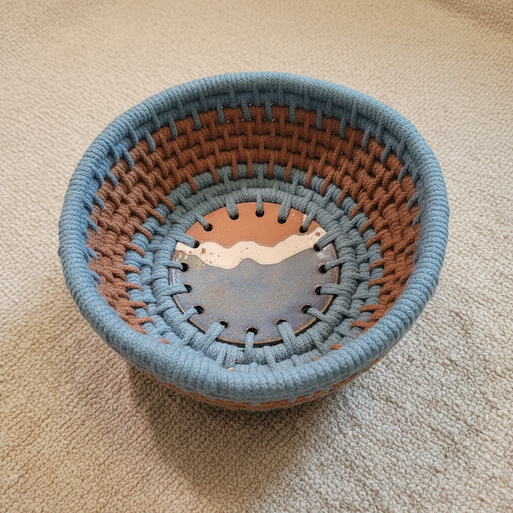 A circular, woven, rustic basket in concentric rings of steel blue and medium brown cord with a ceramic base.