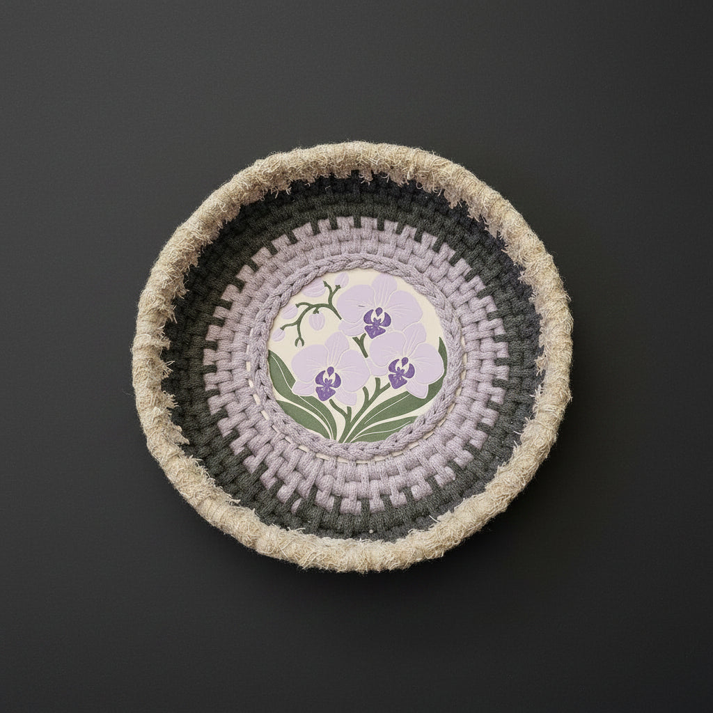 A round coiled basket with concentric rings of dark charcoal, gray, pale lavender, and natural beige frayed yarn, featuring a central floral medallion with purple orchids and green leaves on a cream background.