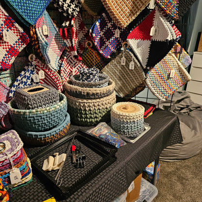 The ultimate basket formed from the leftover odds and ends from the other coiled baskets. This is that compilation of textures and colors made by hand with a story that matches.