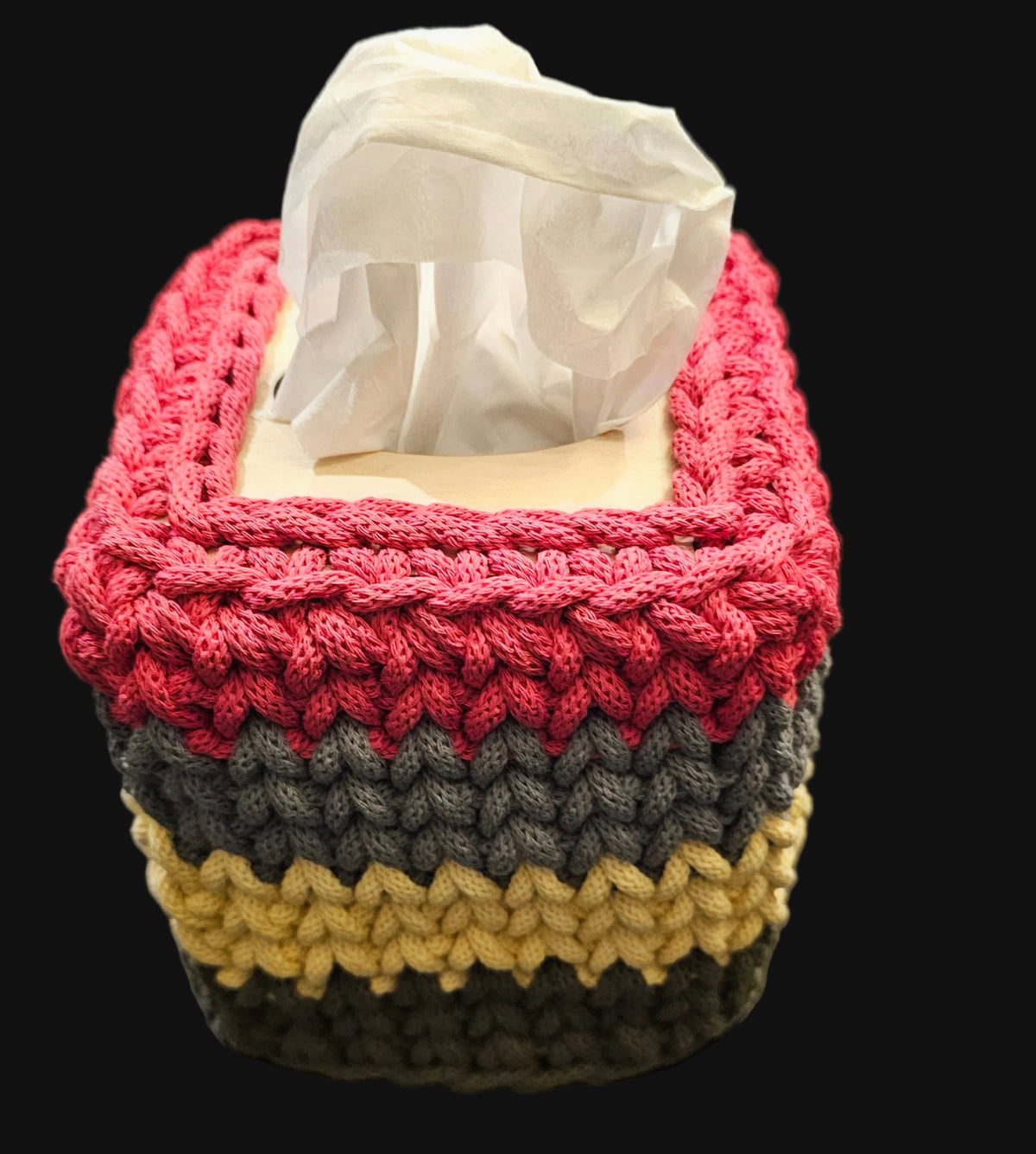 A handmade crocheted tissue box cover in pink, gray, yellow, and green stripes. 5x5x6 inches overall 