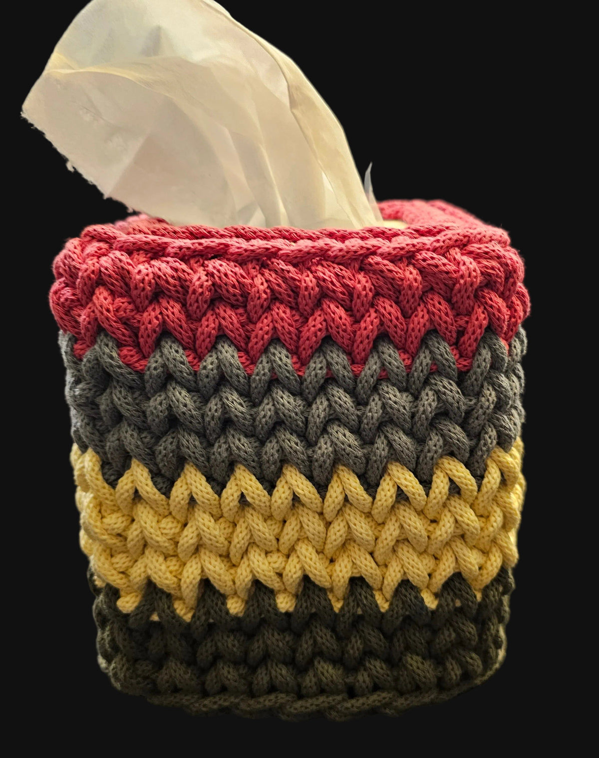 A handmade crocheted tissue box cover in pink, gray, yellow, and green stripes. 5x5x6 inches overall 