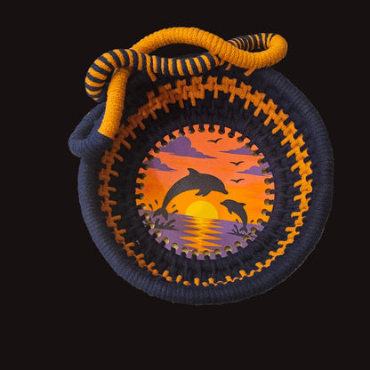 A round woven basket with a dark navy blue body, orange and navy striped handle, and a colorful central design featuring two dolphins at sunset.  9x9x3 inches overall (5 inches at the handle)