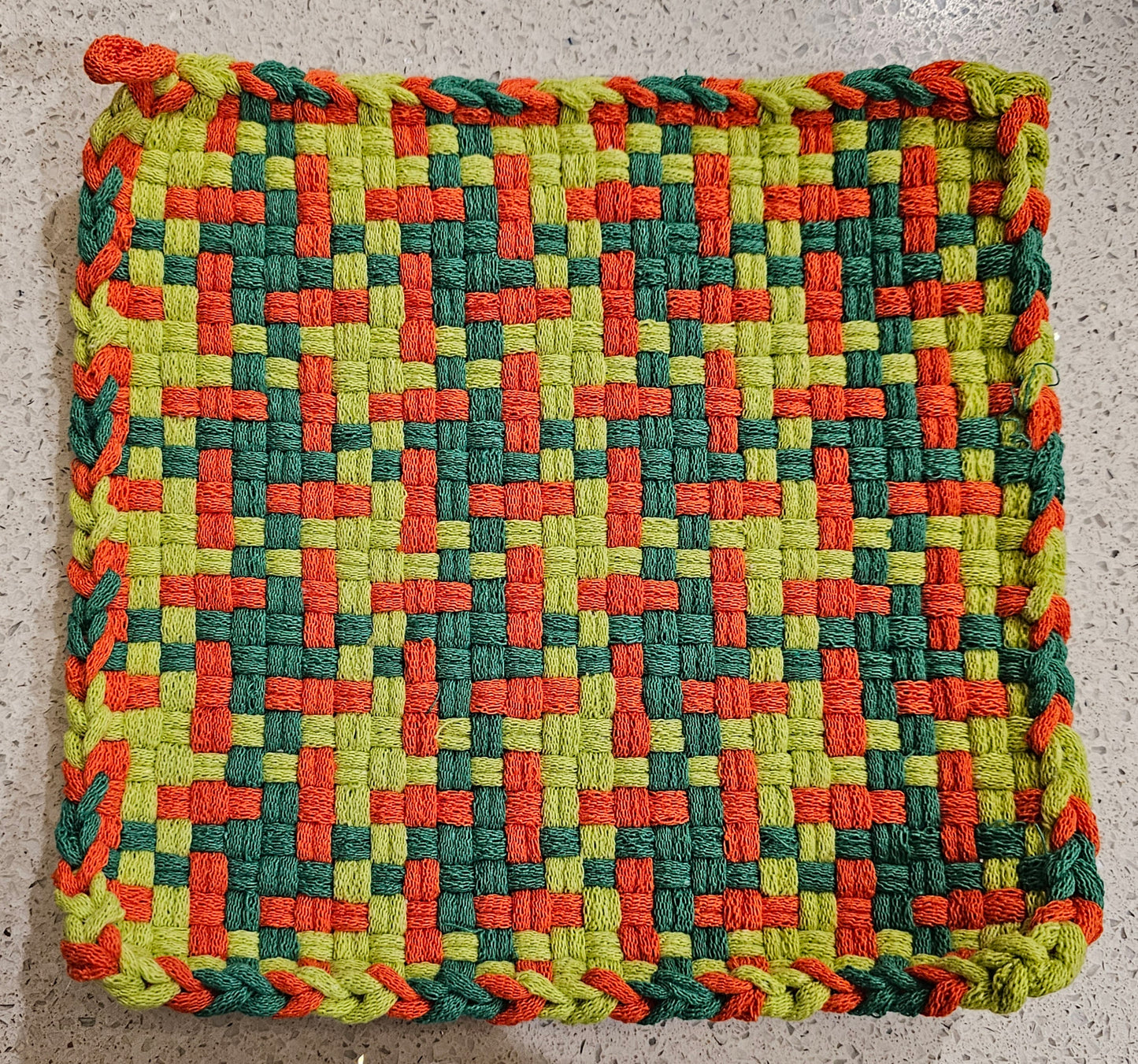 Multicolored woven potholder lime orange green