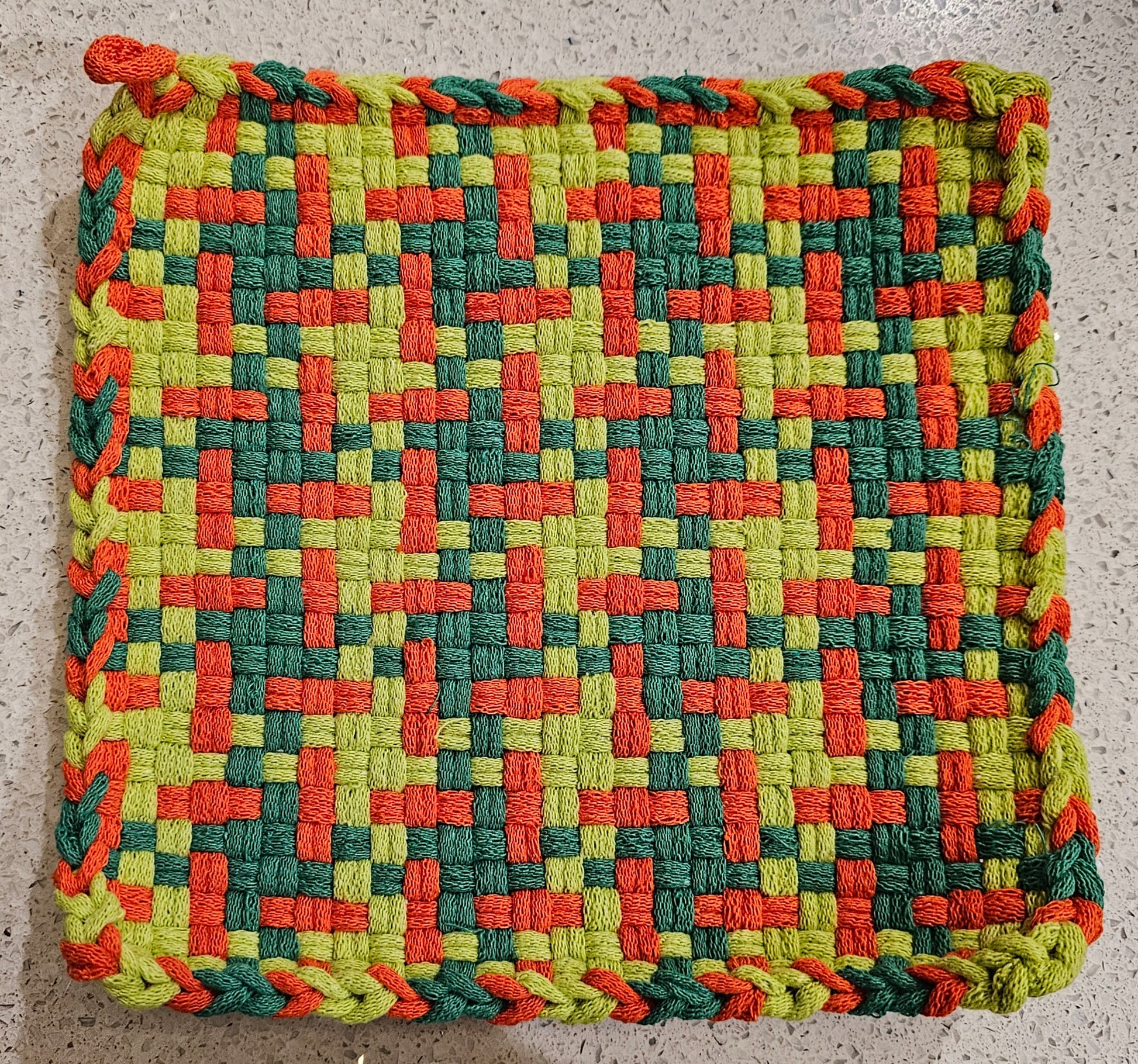 Multicolored woven potholder lime orange green