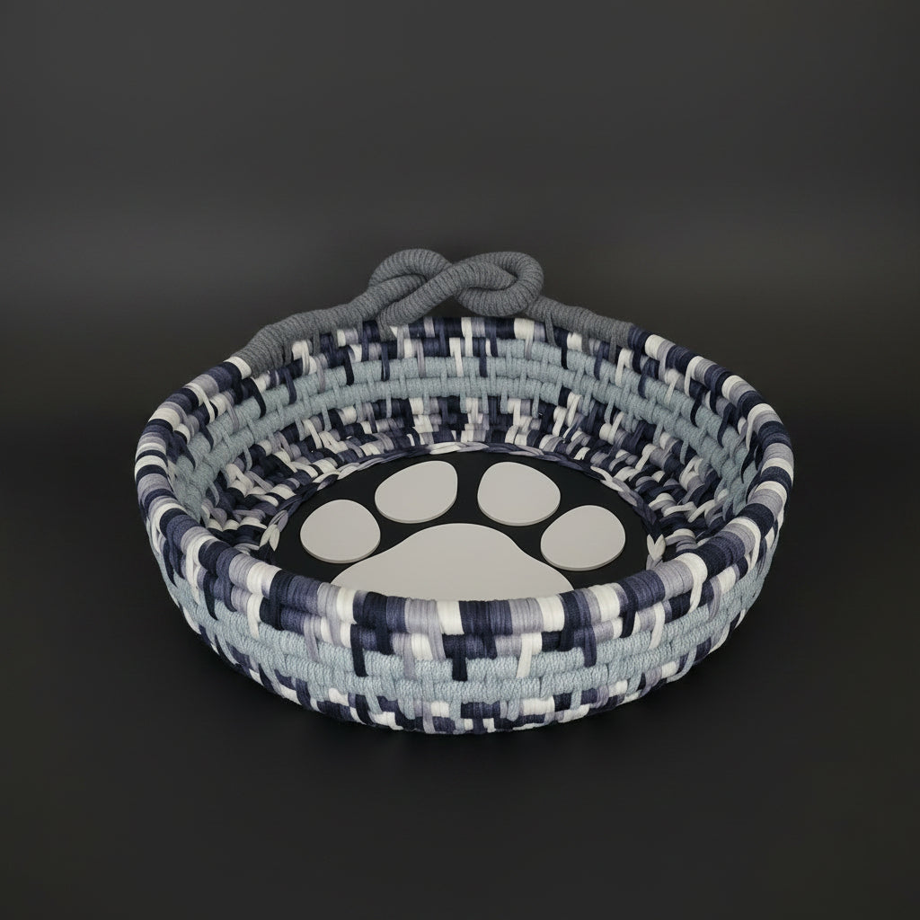 Extra-large coiled basket in shades of gray with a decorative looped handle