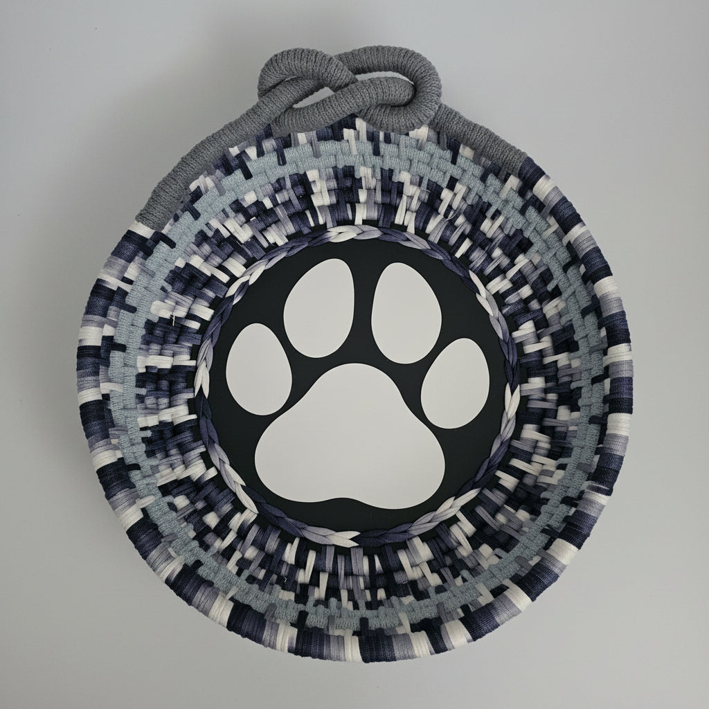 A coiled basket with a gray rope handle, featuring a black center with a white paw print design and a patterned border of navy, gray, and white woven strips.