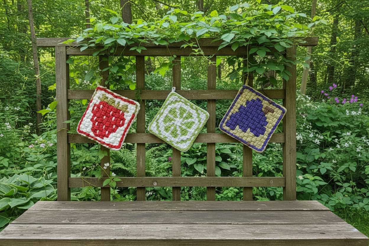 All Three Potholders in Garden