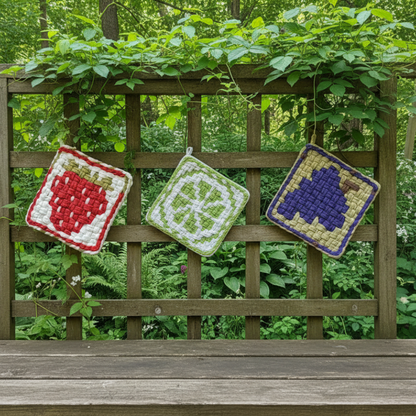 All Three Potholders in Garden